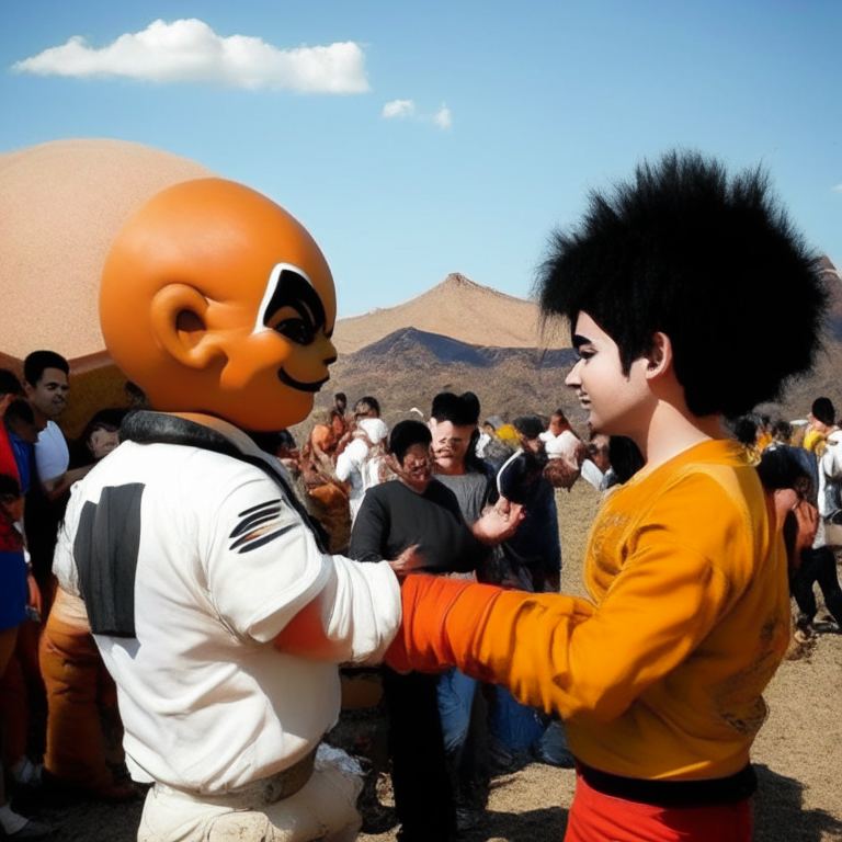 Krillin From Dragón Ball Meeting Michael Jackson At the Gate of Horizons Festival (A Festival Near San José Volcano in Santiago Chile)