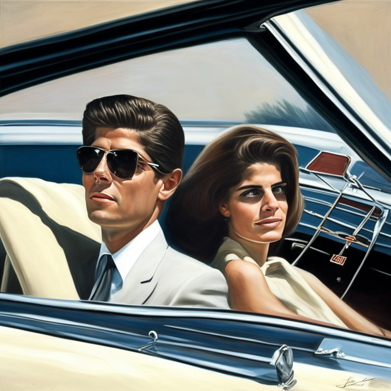 John F. Kennedy and Jackie Onassis sitting in an open convertible car realistic painting