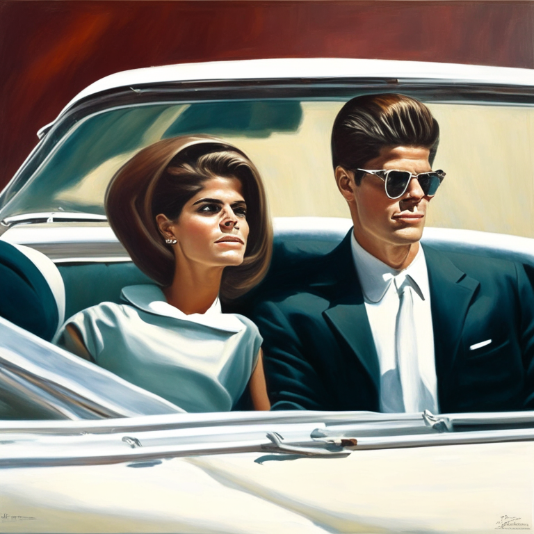 John F. Kennedy and Jackie Onassis sitting in an open convertible car realistic painting