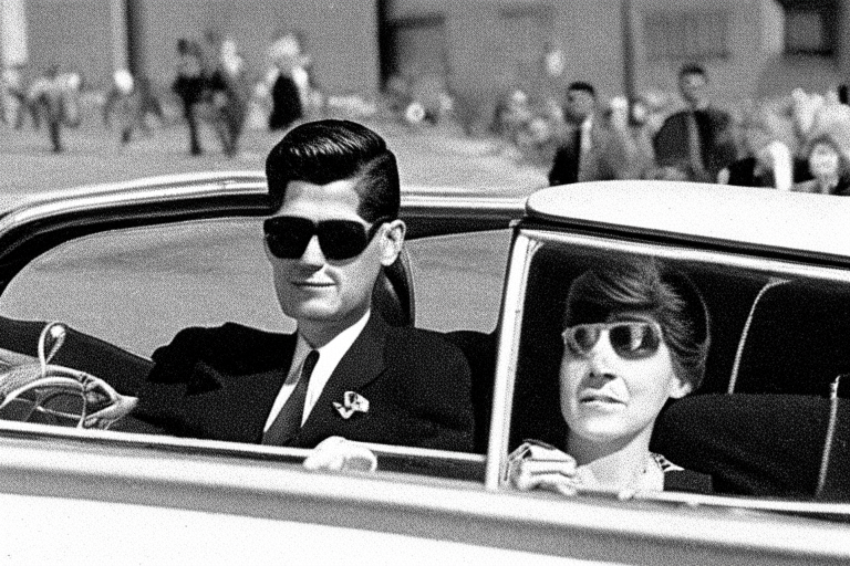 John F. Kennedy and Jackie Onassis sitting in an open convertible car in Dallas, Texas on November 22, 1963, the day of President Kennedy's assassination