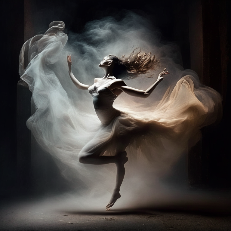 Una bailarina bailando en un remolino de humo