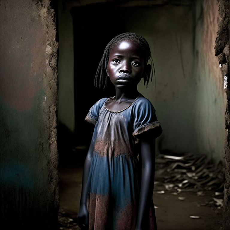 Victoria Adjo Climbié  was an eight-year-old Ivorian girl who was tortured, crying, sad, Standing in the old warehouse