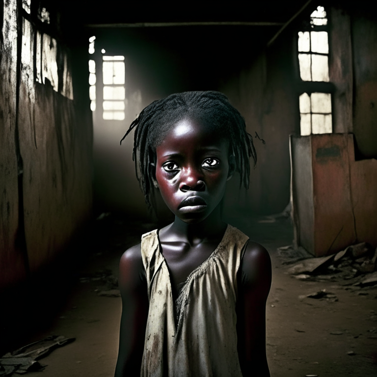 Victoria Adjo Climbié  was an eight-year-old Ivorian girl who was tortured, crying, sad, Standing in the old warehouse, look ad the camera
