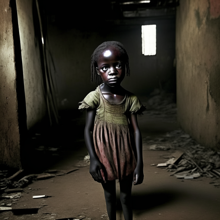 Victoria Adjo Climbié beautyfull was an eight-year-old Ivorian girl who was tortured, crying, sad, Standing in the old warehouse, look ad the camera
