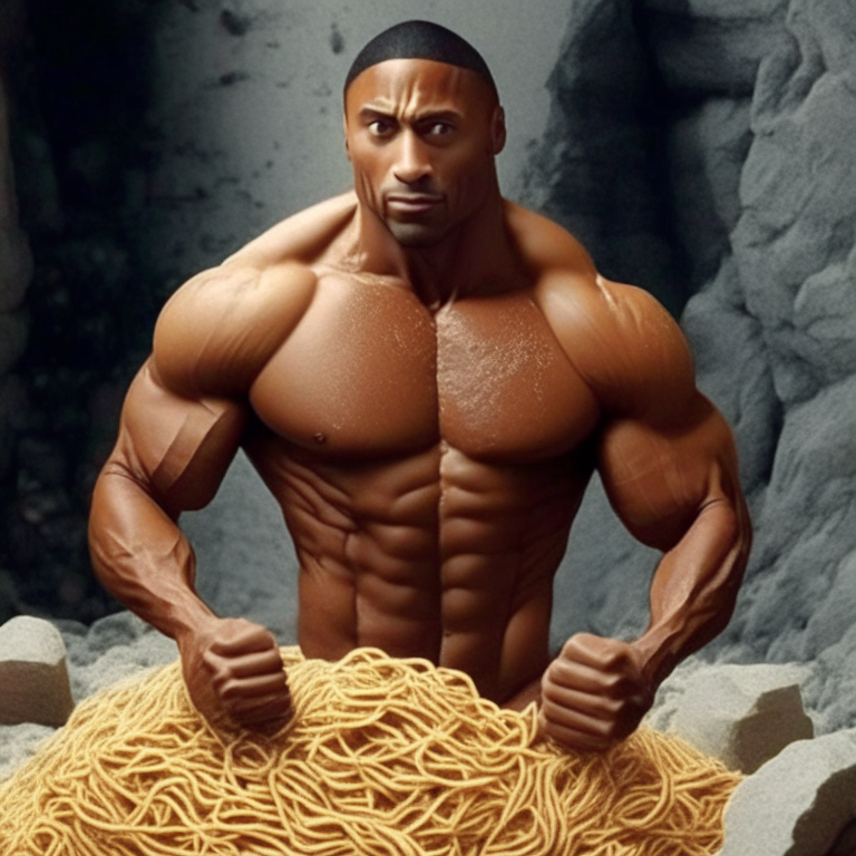 Dwayne Johnson's body made of rocks and spaghetti noodles