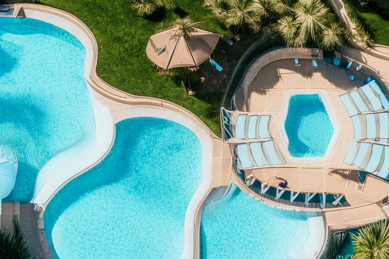 an aerial view of an outdoor swimming pool surrounded by lounge chairs