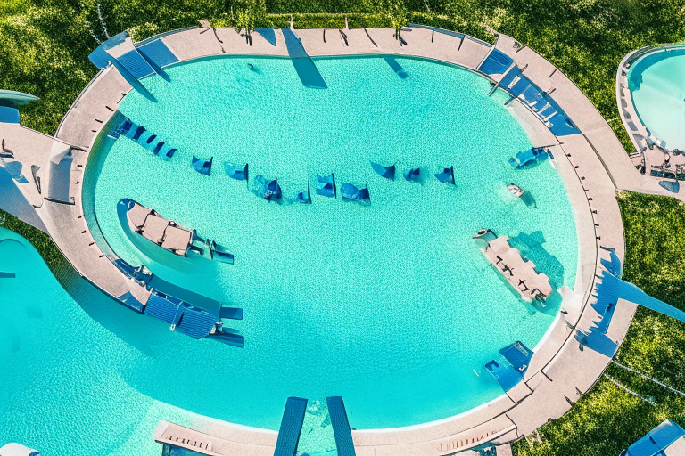 an aerial view of an outdoor swimming pool surrounded by lounge chairs