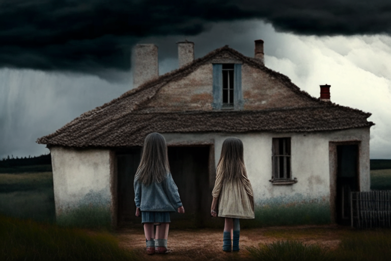 Two young girls holding hands looking at a Catalan farmhouse with a stormy sky in the background
