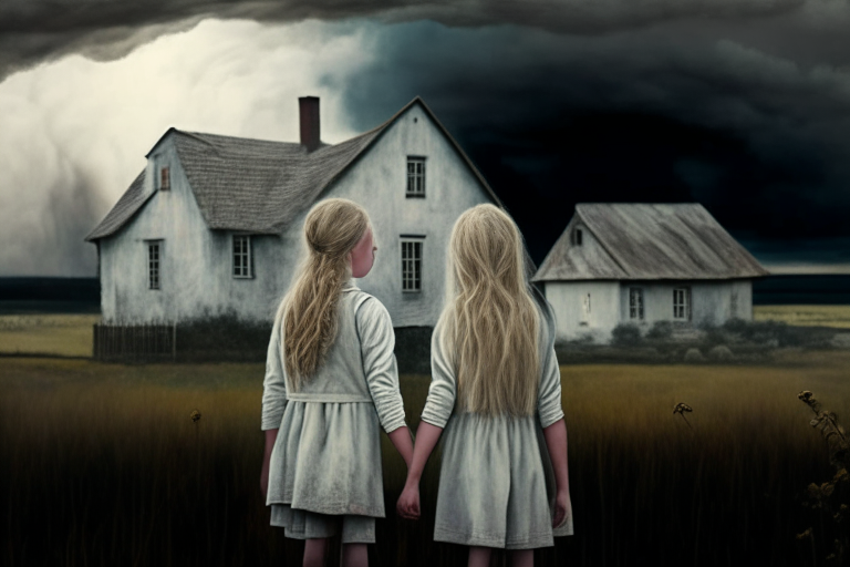 Two young girls, one blonde and one brunette, holding hands looking at a farmhouse with a stormy sky in the background