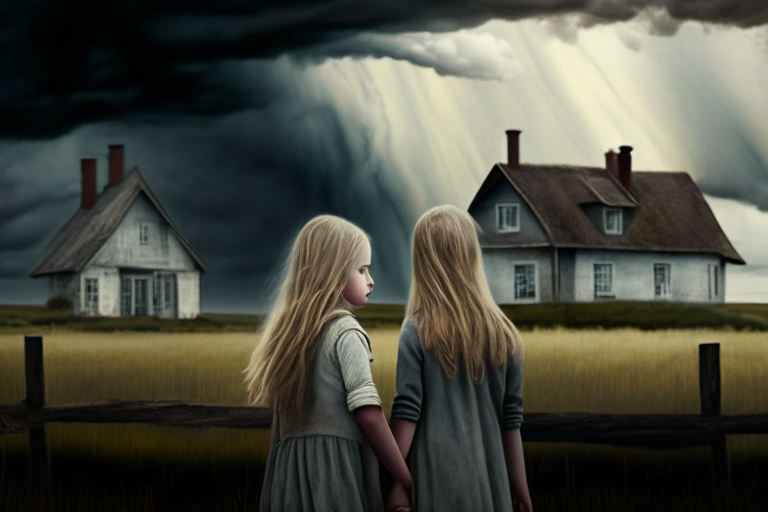 Two young girls, one blonde and one brunette, holding hands looking at a farmhouse with a stormy sky in the background