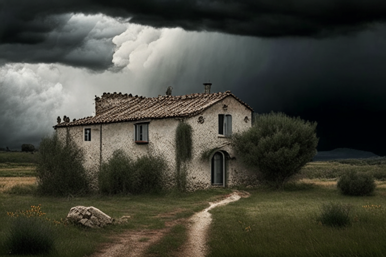 A Catalan farmhouse with a stormy sky in the background