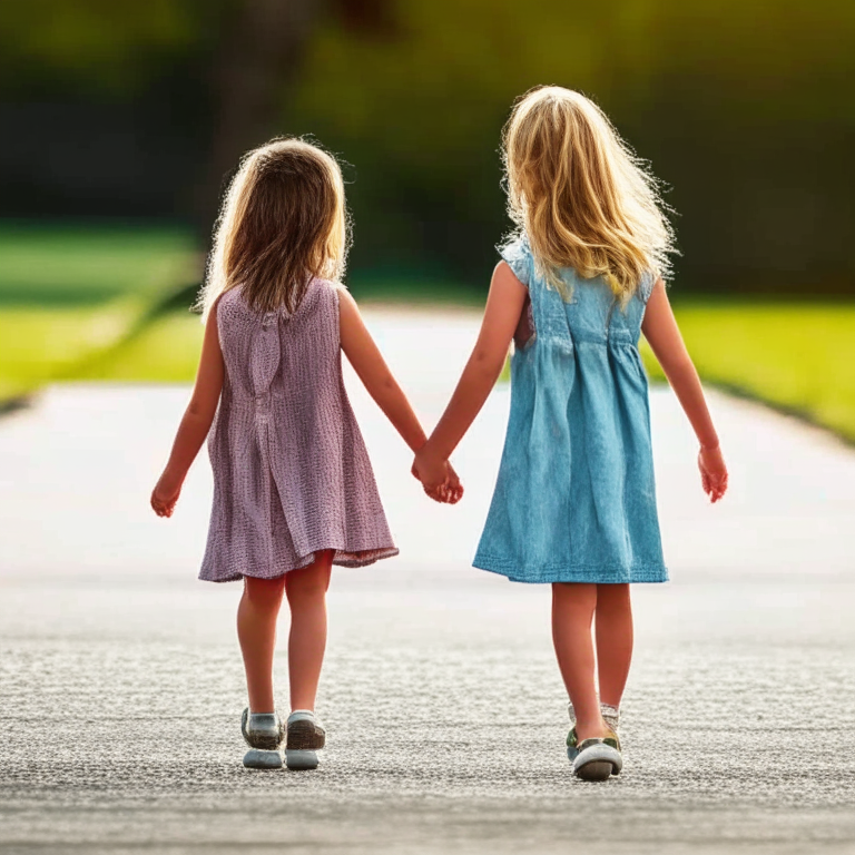 two young girls holding hands while walking