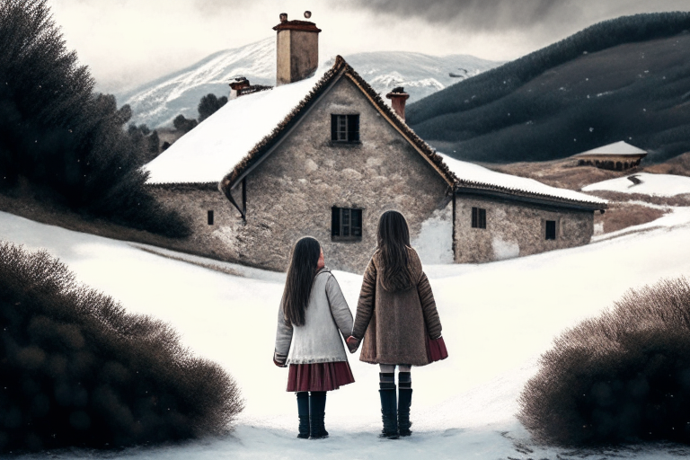 two young girls holding hands looking at a Catalan farmhouse nestled in snowy mountains