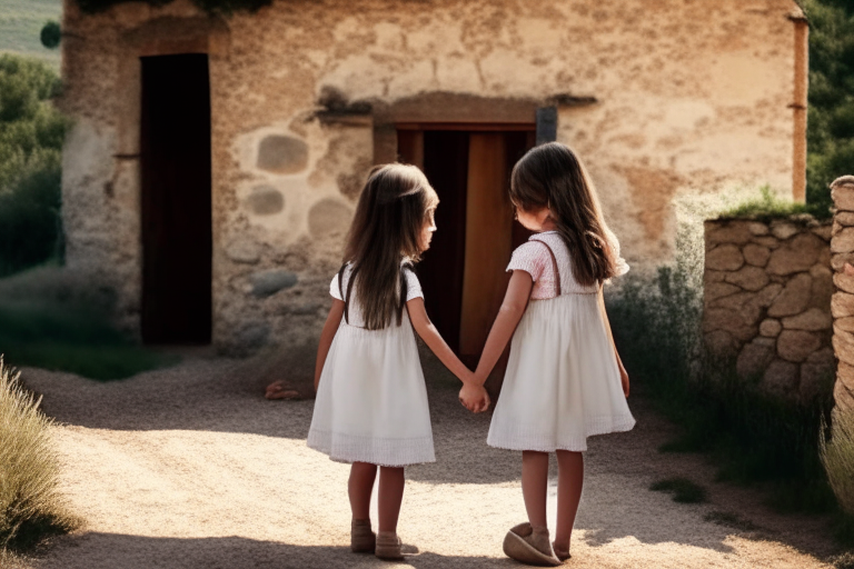 two young girls holding hands looking at a Catalan farmhouse
