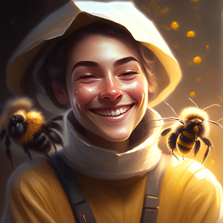 A beekeeper and bees, smiling face, interesting pose, soft smile, soft light, soft glow, photorealism, cinematics, 32k, digital painting, high quality, by IrinaKapi