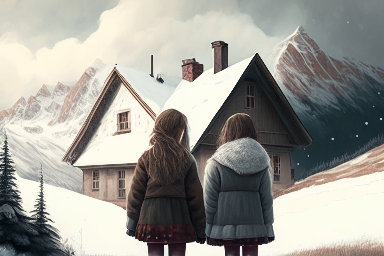 two young girls looking at a house nestled in snowy mountains
