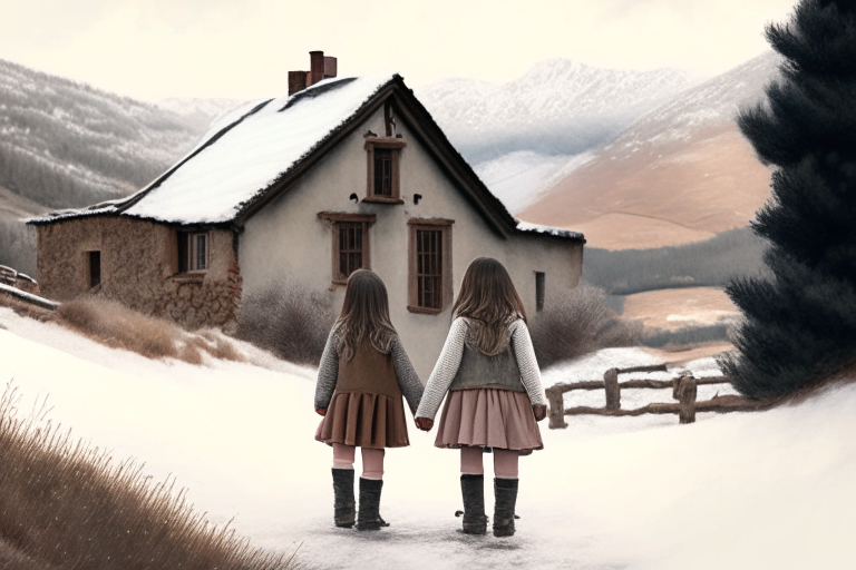 two young girls holding hands looking at a Catalan farmhouse nestled in snowy mountains