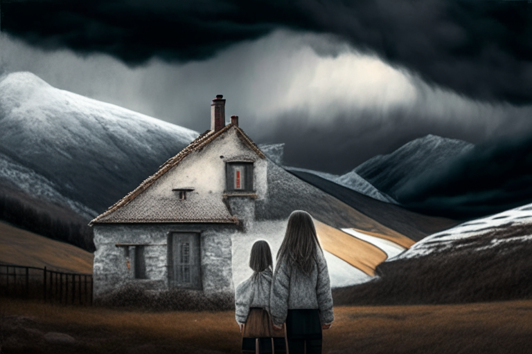 two young girls holding hands looking at a Catalan farmhouse nestled in snowy mountains with a stormy sky in the distance
