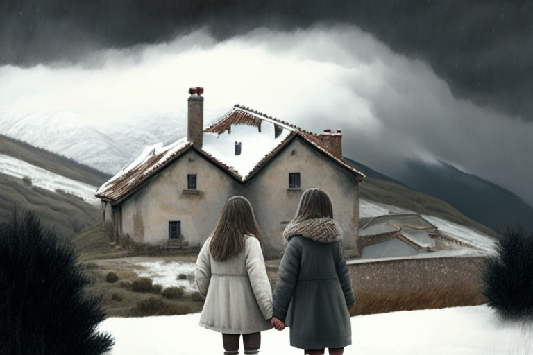 two young girls holding hands looking at a Catalan farmhouse nestled in snowy mountains with a cloudy sky above