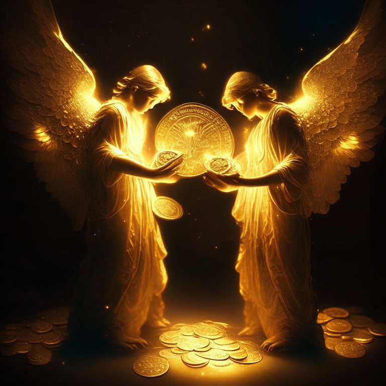 Angels holding coins in their hands irradiating golden lights 