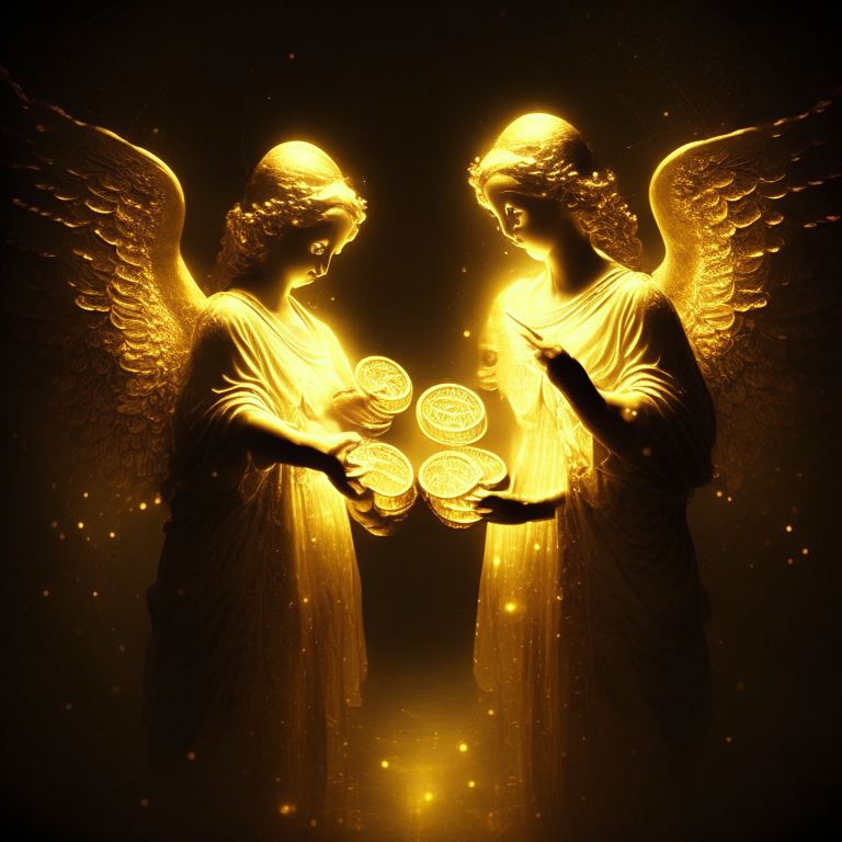Angels holding coins in their hands irradiating golden lights 