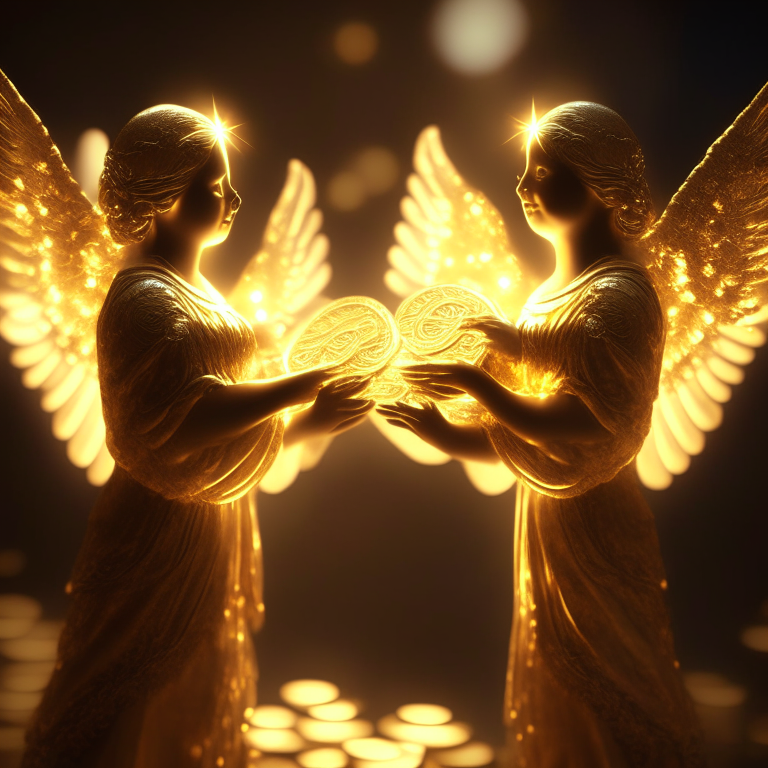 Angels holding coins in their hands irradiating golden lights 