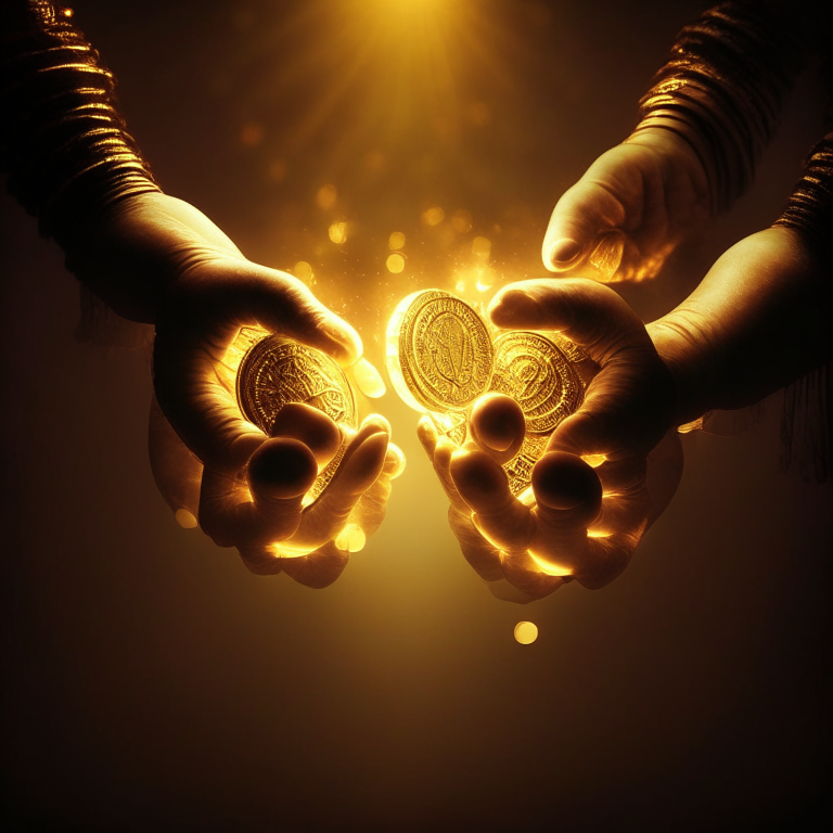 Hands holding coins in their hands irradiating golden lights 