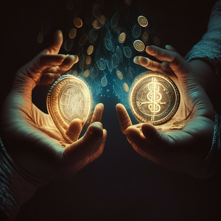 Hands holding coins irradiating electric lights