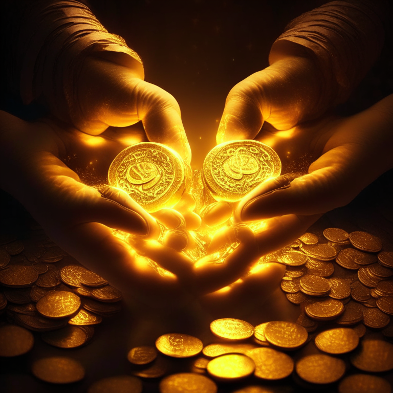 Hands holding coins irradiating golden lights