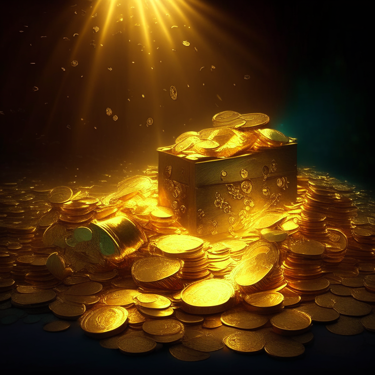 Treasure fiull of coins and dollars irradiating golden lights