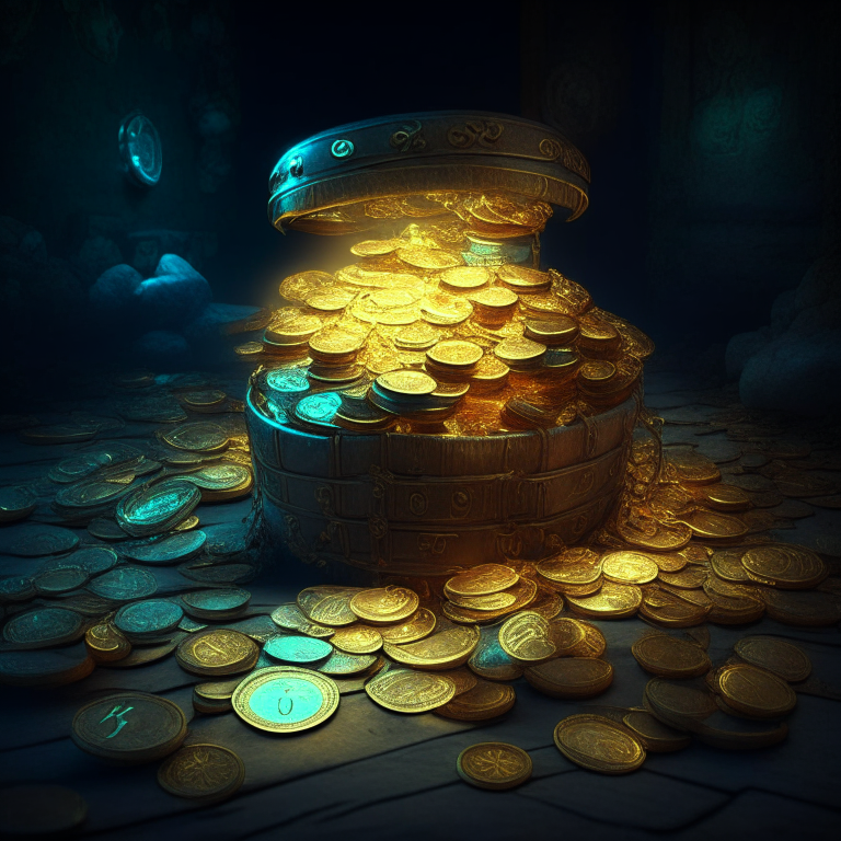 Treasure fiull of coins and dollars irradiating electric lights