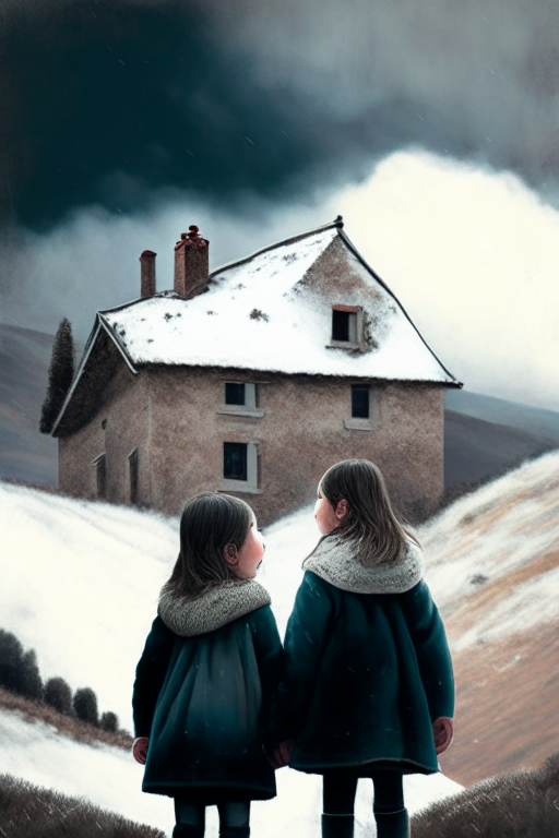 two young girls holding hands looking up at a Catalan farmhouse nestled in snowy mountains with a cloudy sky above