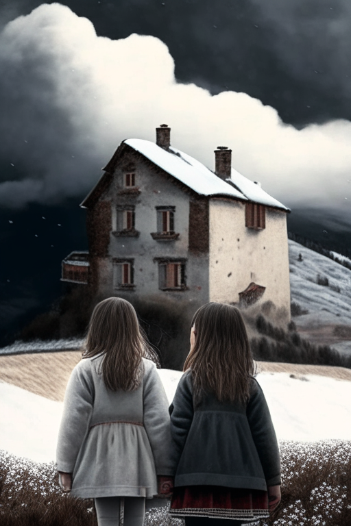 two young girls holding hands looking up at a Catalan farmhouse nestled in snowy mountains with a cloudy sky above