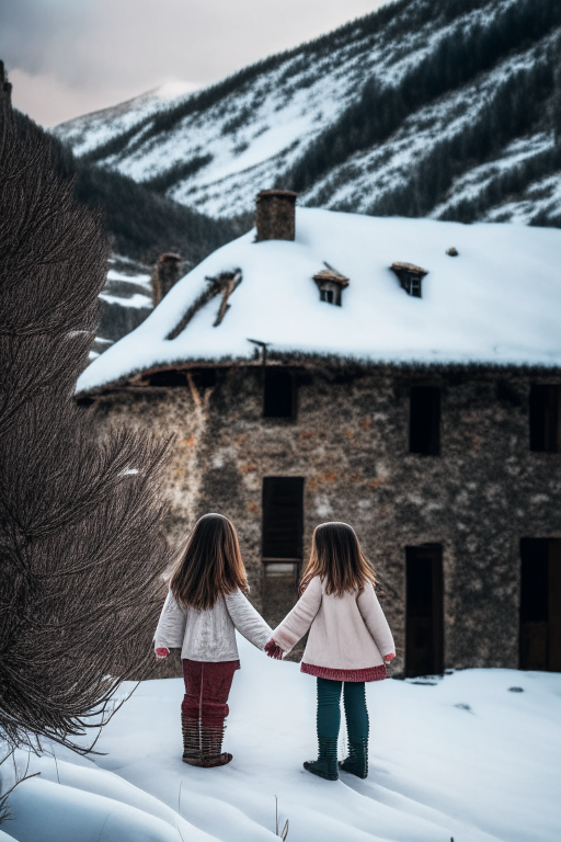 two young girls holding hands standing in a snowy mountain looking up at a Catalan farmhouse nestled in the mountains