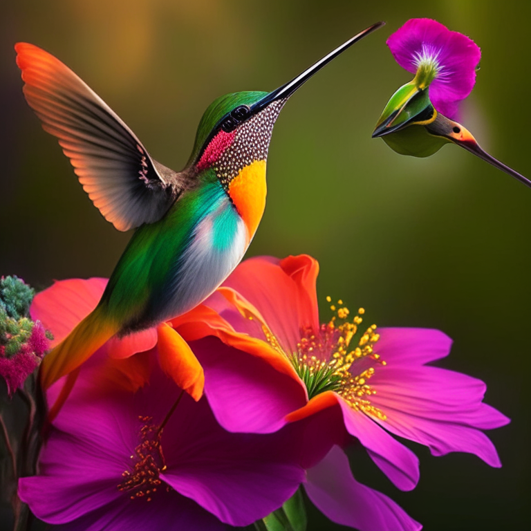 A beautiful colourful humming bird in a beautiful flower