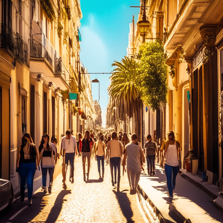 people walking down an Argentinian street on a sunny day