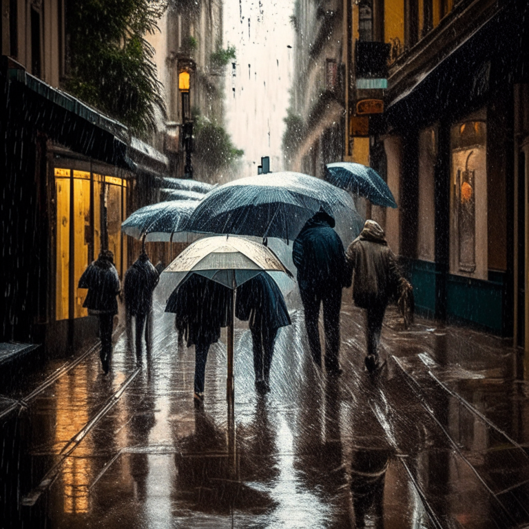 people walking down an Argentinian street during a rainstorm