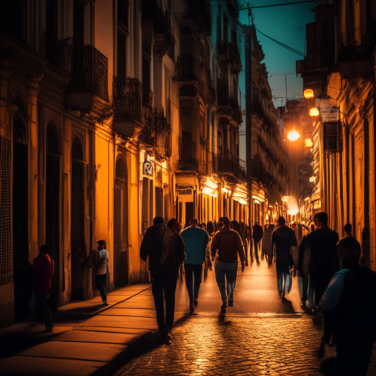 people walking down an Argentinian street at dusk