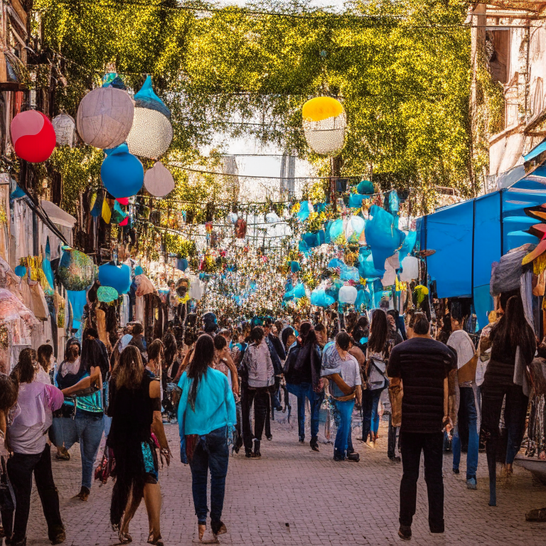 people walking down an Argentinian street during a festival with decorations