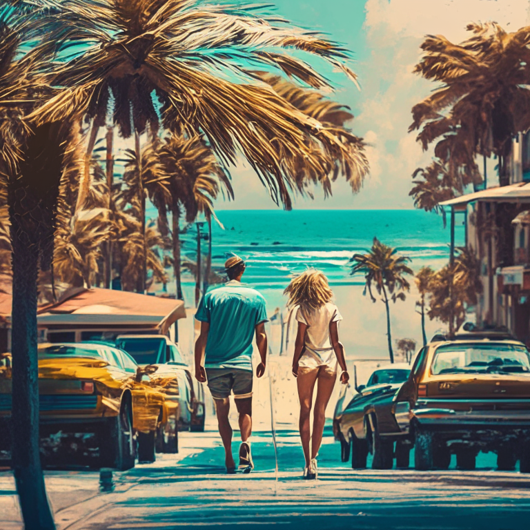 a couple walking down a street with a beach background