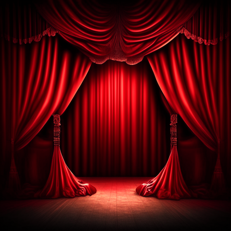 a tango-themed background with red curtains and dim lighting