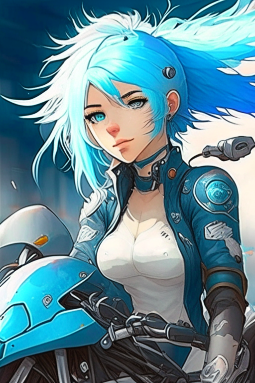 Multi beautiful anime, light blue hair, strong, motorcycle 🏍️ .