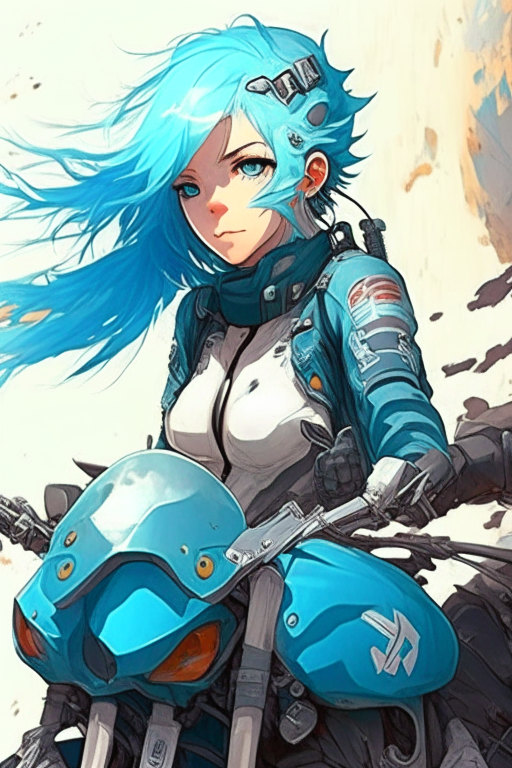 Multi beautiful anime, light blue hair, strong, motorcycle , army 