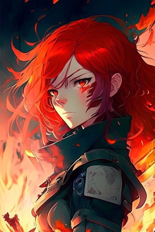 Multi beautiful anime, red hair, strong, fire  , army 