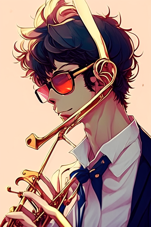 Handsome anime wear sunglasses,  play trombone  