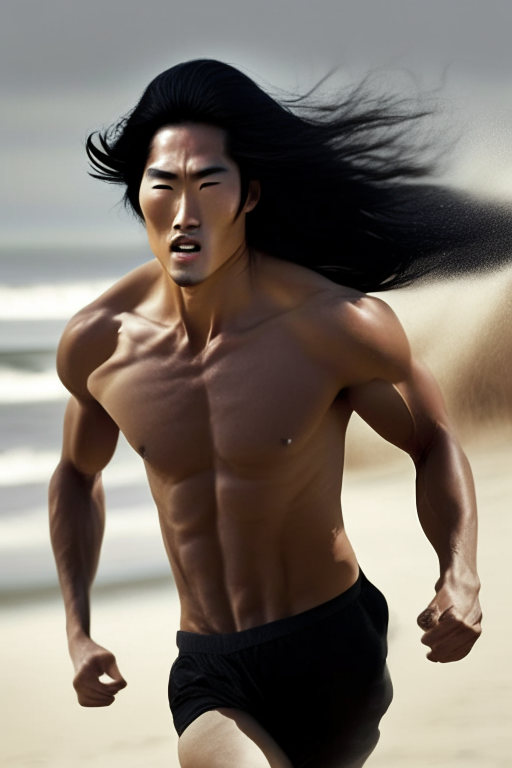 Gorgeous Korean man , long black hair, running next to the beach 
