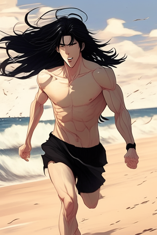 Gorgeous Korean man anime , long black hair, running next to the beach 
