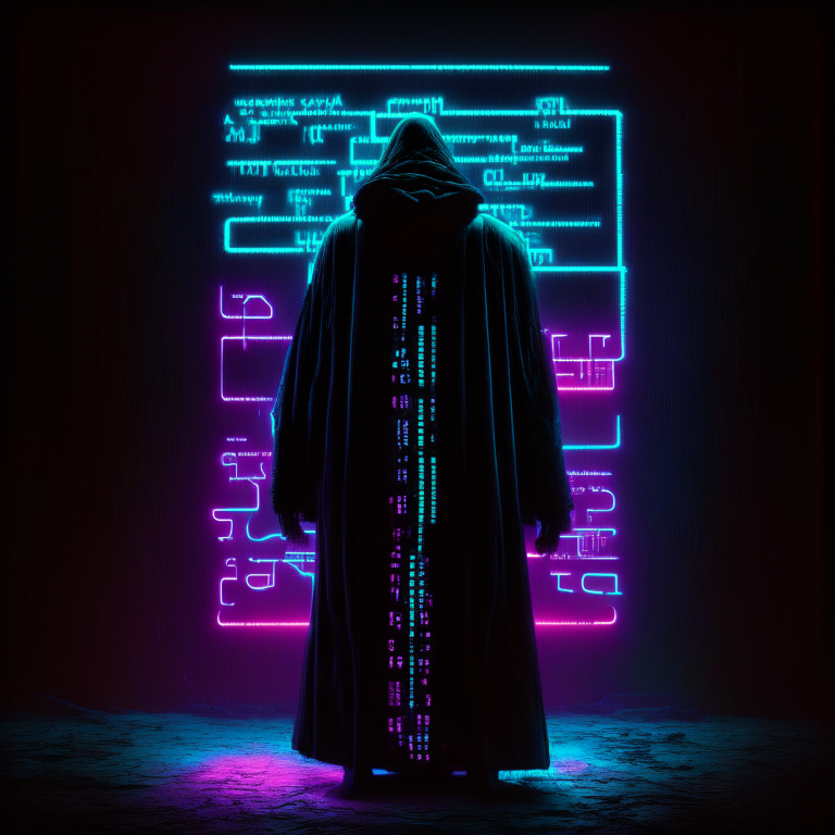 Dark text megalith, made of neon lights, with digital buttons on the edges and the silhouette of a man in a black robe