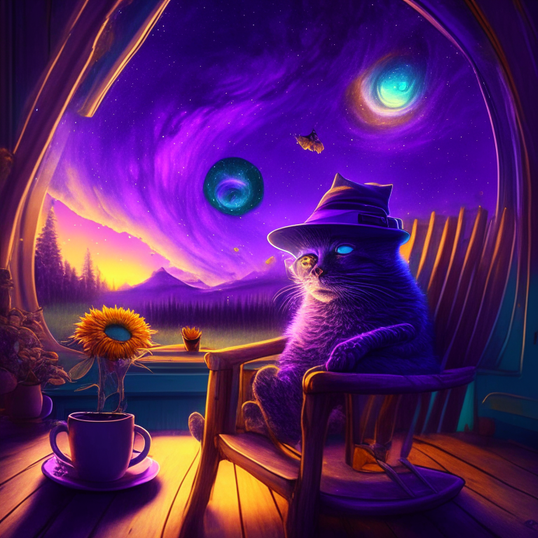 Cat in violet sunflower hat, sipping a cup of coffee in a rocking chair, in a glass cabin watching the Northern Lights and a planet with teeth in the sky.
