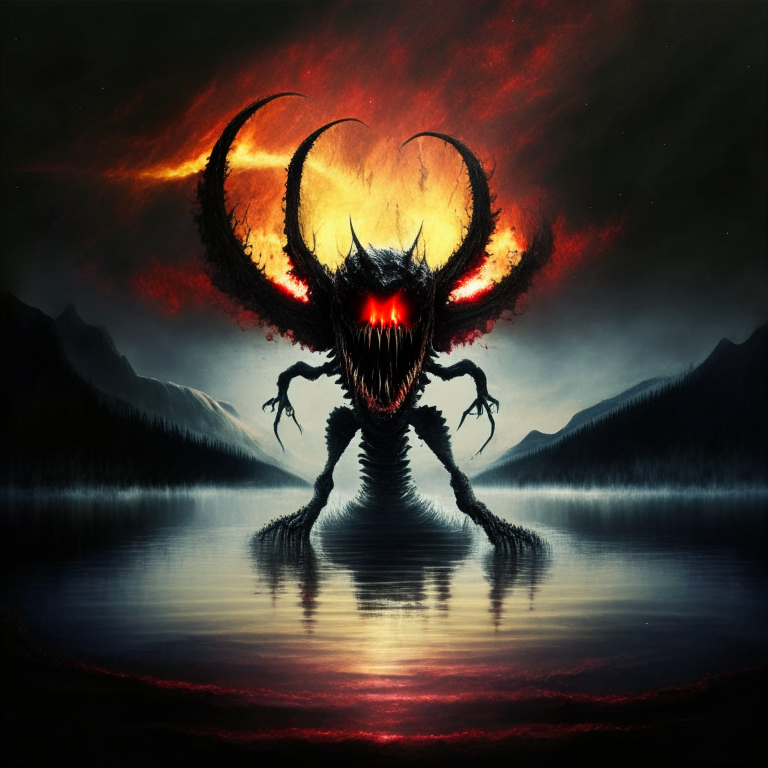 Humanoid monster with half of its head in the form of a xenomorph with red eyes, with tentacles on its back, rising into the air over a lake of sulfur and a black hole devouring the sky.